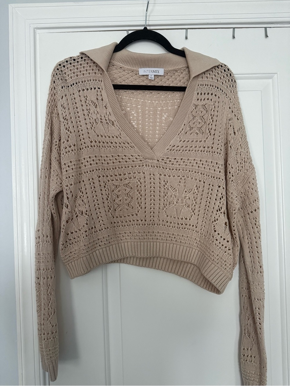 INTERMIX Beige Open-Weave V-Neck Sweater with Collar
